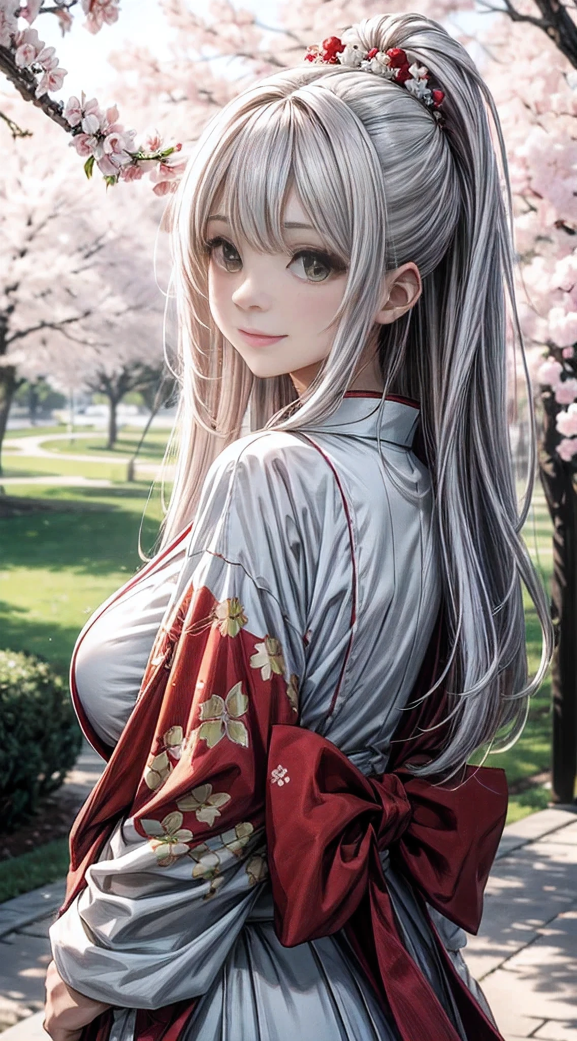 Anime style, ((close up)) beautiful young woman with, 1girl in, (dreamy big eyes), Smile,wearing red kimono, (long white hair), (Green eyes), Large breasts, Smirk, Lips, on the park, under a cherry blossom tree, hair floatingin the wind, Sunlight, Cinematic lighting, ((From below)), best qualtiy, 8K, High Definition