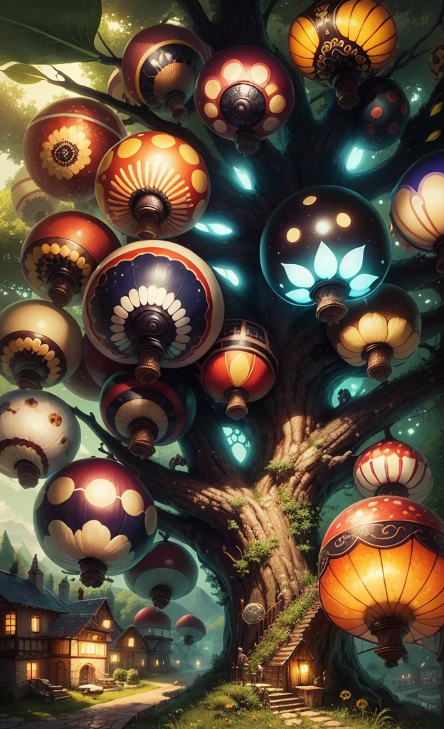Light up the colorful mushroom forest,world in a bottle,A fairyland-like hideaway,Colorful mushroom house,a fairy world,夏天,Seafront,Rios,tree house,Strange creatures in sunflower field,lavender,diamond,crystal,ore,crystalalloons,mountain ranges,mountain peak tree,a small medieval village, Italy, are present, medieval town, medieval village, FantasyItaly, quaint village, Italy杰作, medieval coastal village, medieval town landscape、Cobblestone road、View from the street、Behold