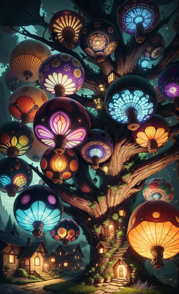 Light up the colorful mushroom forest,world in a bottle,A fairyland-like hideaway,Colorful mushroom house,a fairy world,夏天,Seafront,Rios,tree house,Strange creatures in sunflower field,lavender,diamond,crystal,ore,crystalalloons,mountain ranges,mountain peak tree,a small medieval village, Italy, are present, medieval town, medieval village, FantasyItaly, quaint village, Italy杰作, medieval coastal village, medieval town landscape、Cobblestone road、View from the street、Behold
