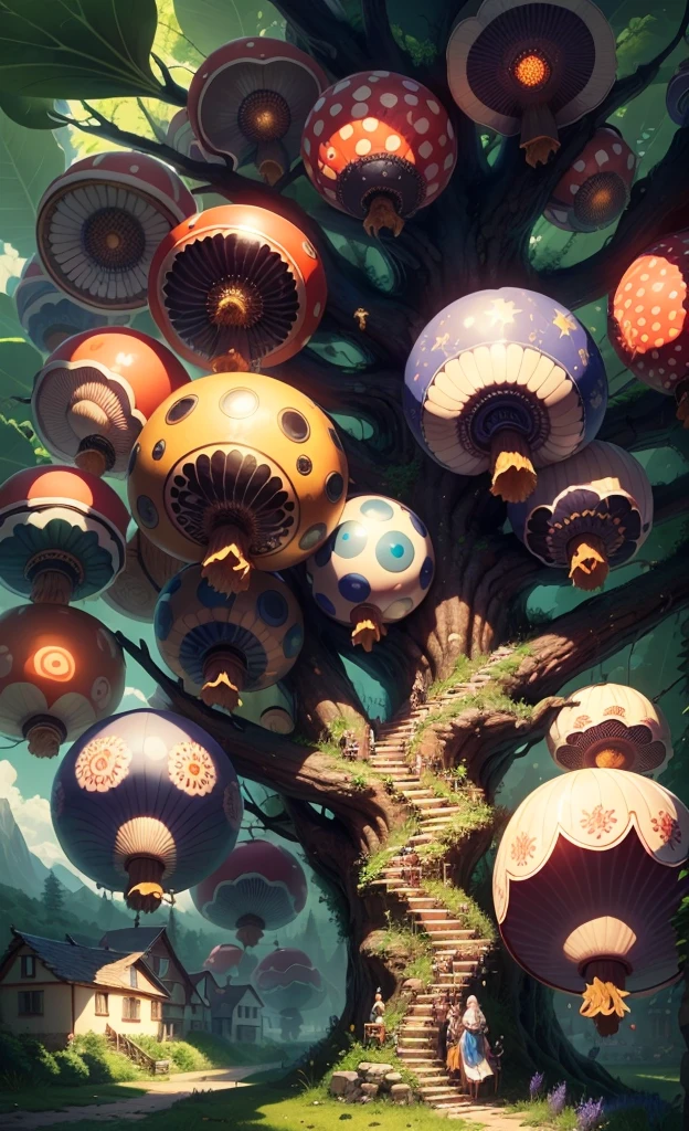 Light up the colorful mushroom forest，world in a bottle，A fairyland-like hideaway，Colorful mushroom house，a fairy world，夏天，Seafront，Rios，tree house，Strange creatures in sunflower field，lavender，diamond，crystal，ore，crystalalloons，mountain ranges，mountain peak tree，a small medieval village, Italy, are present, medieval town, medieval village, FantasyItaly, quaint village, Italy杰作, medieval coastal village, medieval town landscape、Cobblestone road、View from the street、Behold