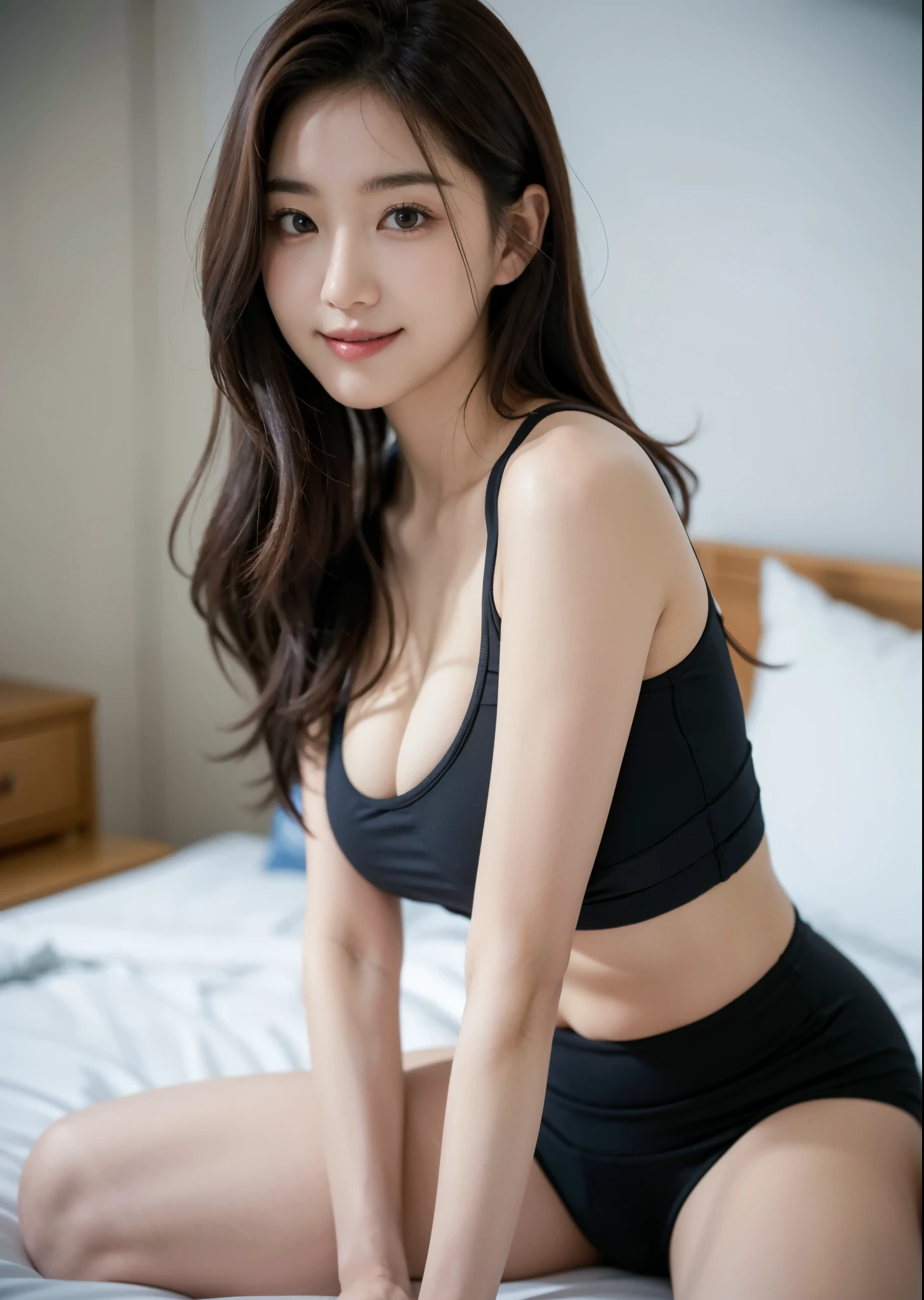 8k, raw photo, (masterpiece), (best quality), highres, (realistic, photo-realistic:1.4), ultra detailed, super_detail, ultra highres, perfect_anatomy, realistic,beautiful face, pureerosface_v1, ulzzang-6500-v1.1,(smile), detailed light brown long hair, detailed brown eyeballs, yoga outfit,Lululemon, round beautiful face, F cup breasts, leadership,full body shot,sitting on the bed