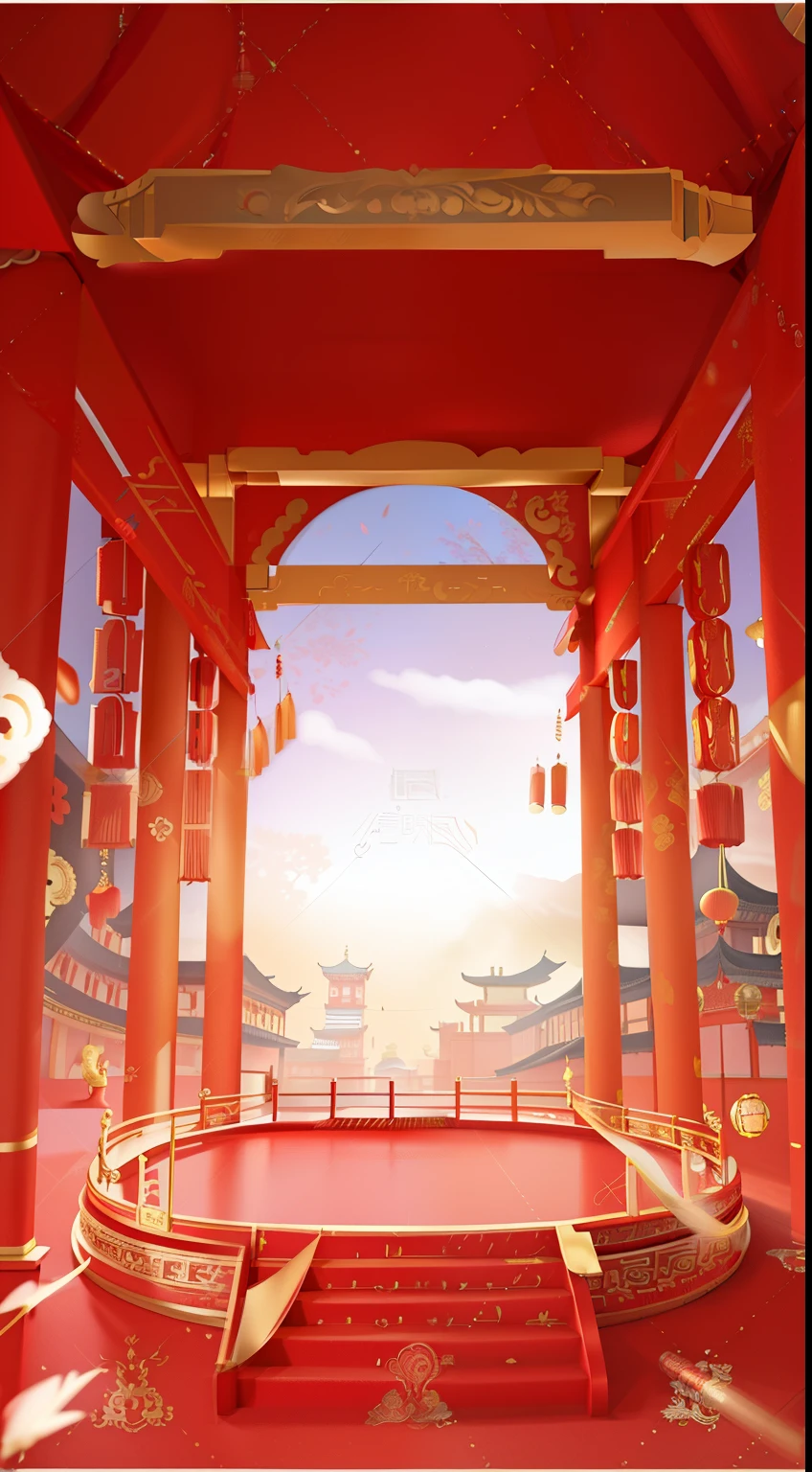 Red stage,red carpet and red walls, background depicting a temple, a temple background, best adobe stock, roman festival backdrop, palace background, arte de fundowork, Dream China Town, A beautiful artistic illustration, summer festival background, random background scene, arte de fundo, Beautiful rendering of the Tang Dynasty, interior arte de fundo, Warm and joyful atmosphere