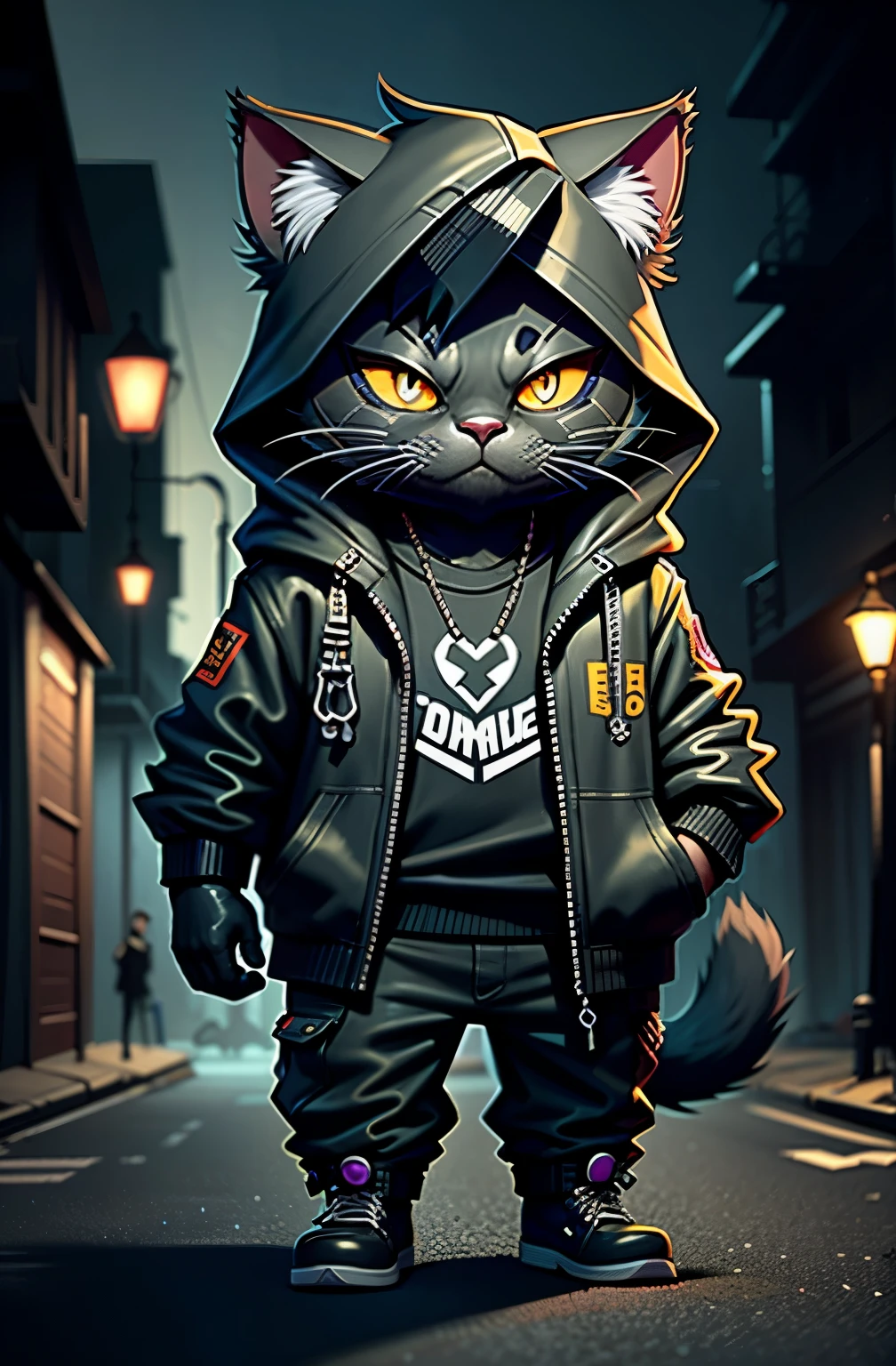 A C4tt4stic,black cat, dressed in cyberpunk clothes, neon back alley background, professional model pose