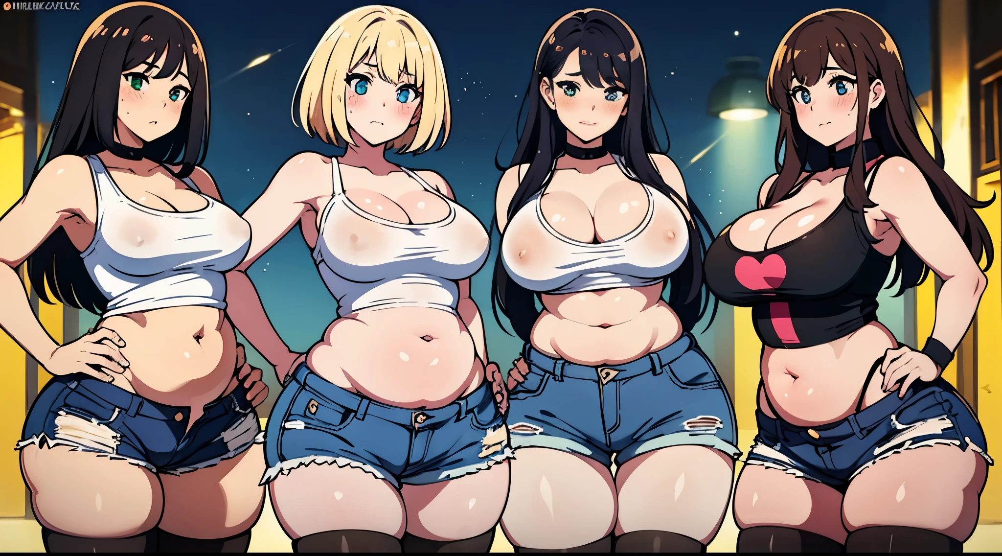 ((Masterpiece)), perfect anatomy, perfect shading, field of depth, (best quality), extremely delicate and beautiful, perfect lighting, detailed face, ultra cute face, cute, (cowboy shot 1.2), full body, (((2girls))), ((2 girls 1 and 2))

Girl 1: has long hair, fluffy hair, blonde hair, blue eyes, ((blush)), (embarrassed), extremely tight clothes, medium breasts, cleavage, perky breasts, ((wide hips)), (thick thighs), ((chubby)), pudgy belly, fat rolls, belly hang,

Girl 2: has short hair, fluffy hair, brown hair, green eyes, ((blush)), worried, chocker, extremely tight clothes, medium breasts, cleavage, perky breasts, (((wide hips))), ((thick thighs)), ((big butt)), ((plump)), chubby belly, fat rolls, belly hang, she has a jiggly belly,

Fast food resterant, intricate background, detailed background, girls are standing next to each other, (white tank top 1.2), (shorts 1.2), hands on hips, harem, girls lined up