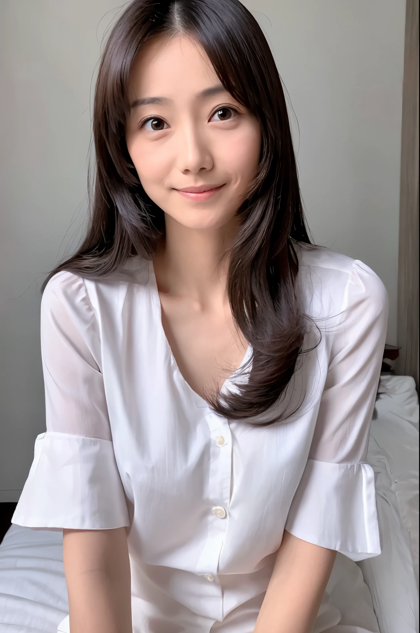 (High reality photograph, high resolusion, detailed face, detailed eyes) Skinny Japanese lady, 40 years old, wife, cute face, solo:1, lovely body, skinny figure, small breasts, various hair style, white shirt, emphasizing very thin waist, posing for the viewer, full-body photo