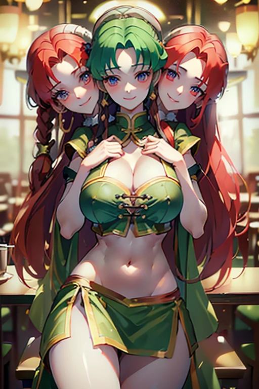 (masterpiece, best quality), (3heads:1.4), 1girl, (hong meiling:1.3), masterpiece, best quality, green top, crop top, ((stomach)), midriff, ((groin)), green skirt, normal ears, shackles, red hair, very long hair, wavy hair, sidelocks, blue eyes, parted lips, single horn, sweat, cute, toned belly, hand on own chest, eyelashes, (21 year old woman:1.3), (masterpiece:1.4), (best quality:1.4), (beautiful detailed eyetremely detailed CG, extremely delicate and beautiful, depth of field, (finely detailed face), (perfect details:1.0), (mature female:1.3), wide pelvis, slender, large veiny breast, 8k resolution, high quality, high definition, extremely detailed, masterpiece, best quality, red hair, long hair, alluring presence, braid, short skirt, close up, big tits, young