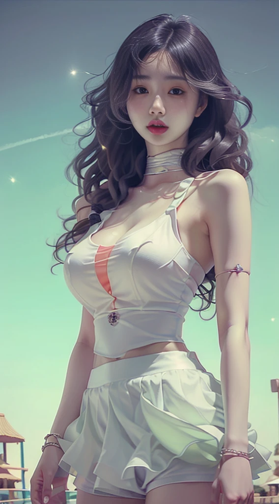 Female((20year old)), hair((black, long, wavy)), eyelack, sharp eyes)), lipgloss, clothes((crop-top, mini skirt, light blue)), amusement park, gigantic breast, big boobs, oppai, smile, accessories ((chocker, bracelet)), cleavage, night sky, ponytail,