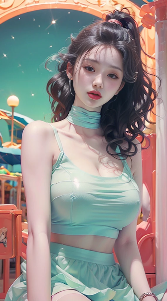 Female((20year old)), hair((black, long, wavy)), eyelack, sharp eyes)), lipgloss, clothes((crop-top, mini skirt, light blue)), amusement park, gigantic breast, big boobs, oppai, smile, accessories ((chocker, bracelet)), cleavage, night sky, ponytail,