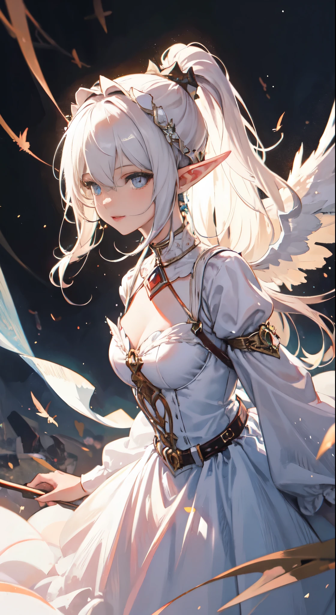 ((masterpiece, best quality)), official art, unity 8k wallpaper, ultra detailed, Rusticcore, contest winner, pixiv, Disgusting a white haired elf woman with wings and jewels on her head and chest, wearing a white dress with silver wings and a silver collar, (Charlie Bowater:0.158) , (Yoshitaka Amano:0.073) , (a character portrait:0.265) , (whiteglovefantasy art:0.457) and Light particle, extremely beautiful, Analytical Art, 8K, best quality, DayGlo orange dust particles, dslr, anaglyph effect, BREAK, highly detailed of (elf), (1girl), solo, perfect face, details eye, ponytail, Blunt bangs, (hair between eye), blue eyes, fantasy art by Artgerm, by Kawacy, by Wadim kashin, BREAK, eyelashes, eyeshadow, pink eyeshadow, light smile, medium breast, BREAK, extremely detailed, dynamic angle, Cinematic lighting,