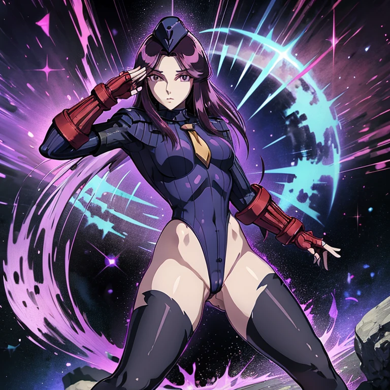 ultra-detailed, Explicit, Beautiful body, Beautiful Nose, Beautiful character design, perfect eyes, perfect face, ultra highres, 4K, beautiful legs, perfect legs, Nice hands, Perfect hand, Masterpiece, Best Quality, Highly detailed, illustration, absurdres, street fighter, doll suit, shadaloo doll, dollsuit, expressionless, blank eyes, looking at viewer, red gloves, emotionless, black latex, corrution, mind control, female combatant, full body, hypnotized, unhappy trance, full body suit, ribbed bodysuit, both arms at side, obey, perfect female body, extremely glossy latex, hypnosis, hypnoLora, empty eyes, Mind control device, poses, submissive_pose, Slave, hat, necktie, stand up straight, standing, standing at attention, hat, necktie, belt, latex, ribbed bodysuit, thighhighs, garter belt, Fighting Stance, extending the right arm from the shoulder into the air with a straightened hand, nazi saluting, military, military saluting, salute, thigh boots, 1girl, pandora, saint seiya, purple hair, purple eyes, long hair