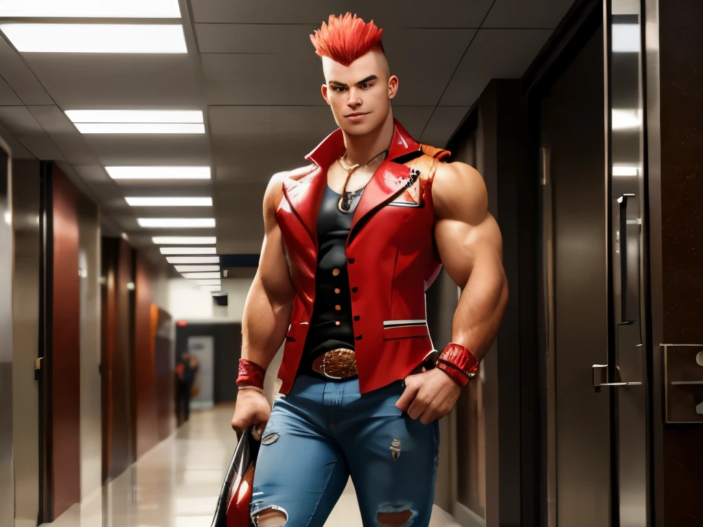 (top-quality:1.1), (​masterpiece:1.1), Cowboy Shot, Soft Mohawk, (macho:1.2), (Huge body:1.1), red hairs, Flashy vest with transparent skin, Hot pants from jeans fabric, , Monkey face, A smile, Corridor of the building, (japanes:1.1), (18year old:1.2), is standing, troubled look