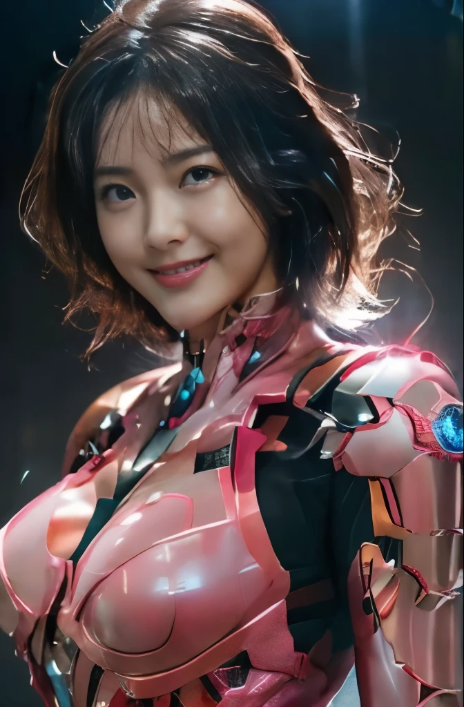 pink power range lemele、Realistic, shiny dark pink and white suit、Power Rangers Bodysuit、professional photograpy、Does not expose the skin, Japanese Models,The skin is not exposed、fleshy body, A smile、Colossal tits、A dark-haired