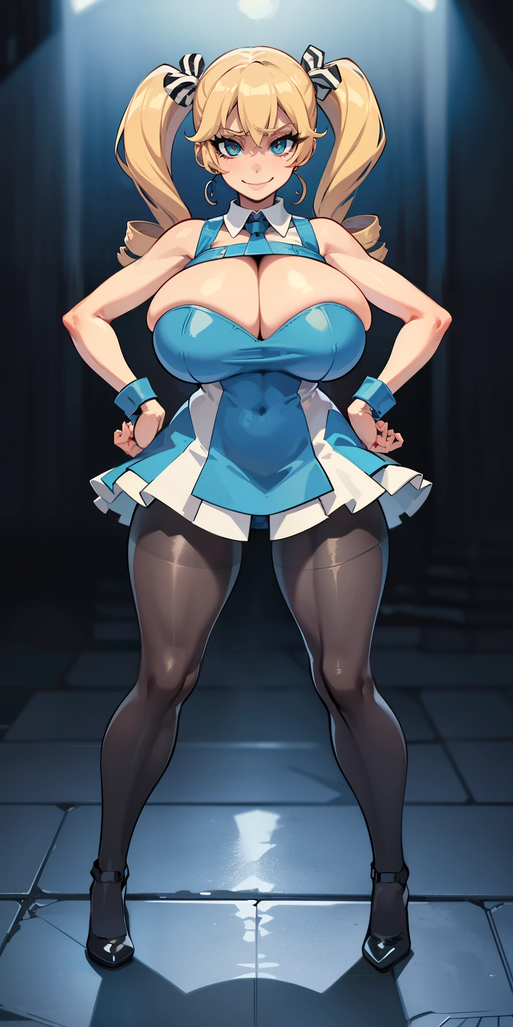 full body standing straight symmetrical, huge boob(masterpiece, best quality:1.2), cowboy shot, solo, 1MILF, mmplatz, smile, looking at viewer, hands on hips, twintails, twin drills, dress, blue pantyhose, striped pantyhose, Handcuffs on their hands, With a collar around the neck