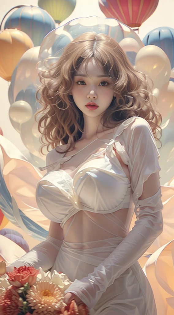 Muscular girl, long blonde head, devil figure, (huge and amazingly large breasts), (the action of stuffing two huge hot air balloons into clothes), (huge hot air balloon sized breastreasts as big as a hot air balloon), (waist exposed), (abs), (translucent dress), (areola can be seen through the bra), (tulle dress bra), smile, (highlighting the breasts are particularly huge), frontal photo,