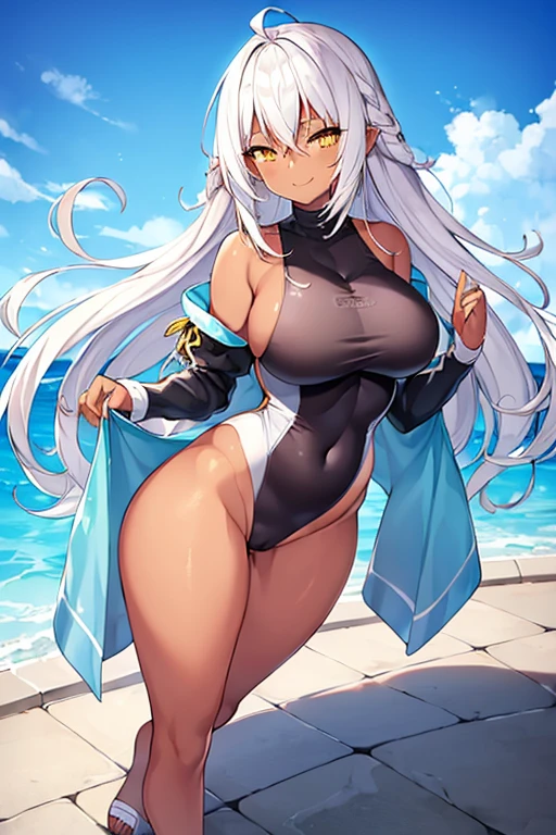 1girl, dark-skinned female, breasts, large breasts, wide hips, white hair, long hair, yellow eyes, smile, smirk, smug, sleeves, short sleeves, one-piece swimsuit, competitiom swimsuit, poolside, full body, ((full body)), standing