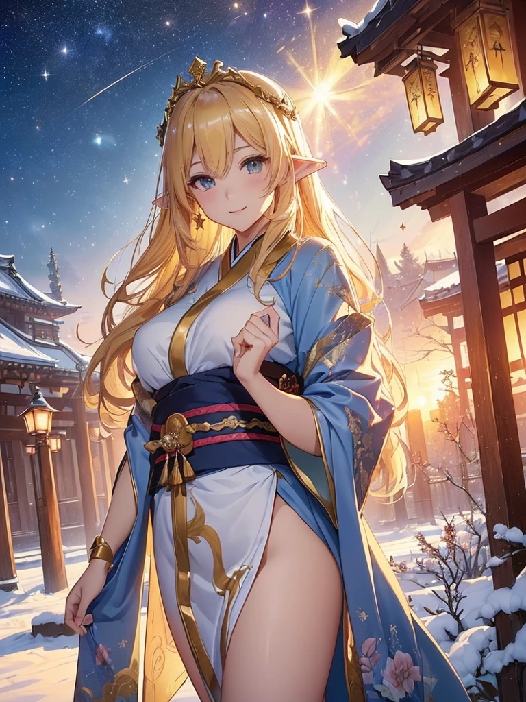 top-quality、Top image quality、dagashi terpiece、Super beautiful elf beauty((24 year old、Japan kimono、Best Bust、big bast、Bust 90,beautiful blue long ironed hair、a blond、globe、A A sexyは、A slender、a closeup、Esbian、beautiful tiara、hiquality、Beautiful Art、Background with((starrysky)))But but ute piece、visualart、depth of fields、low angle night sky、、Elven ears、、light magic、Space Knight、harp melody🎵、Happy smile、Gentle light、、Beautiful legs that are gentle on the skin、、、Number of fingers to achieve precise finger movements、ティッカーBeautiful decoration、elegent、Mystical field under the flower garden、Marble pillars, beautiful dressy、Snowy landscape in winter、、Temple of Time、Great watch、hour glass、sundial、NSFW.A sexy、Christ but、Christ butツリー、Beautiful decoration,A sexyドレス1.3,byzantine art、Renaissance painting、Raphael paintings、japanese art on behance、Lin Pai、Tawaraya Sotatsu painting、Japanese folding screen、gold foil、dragon、New Year、happy new year⛩、sunrises、the moment of morning