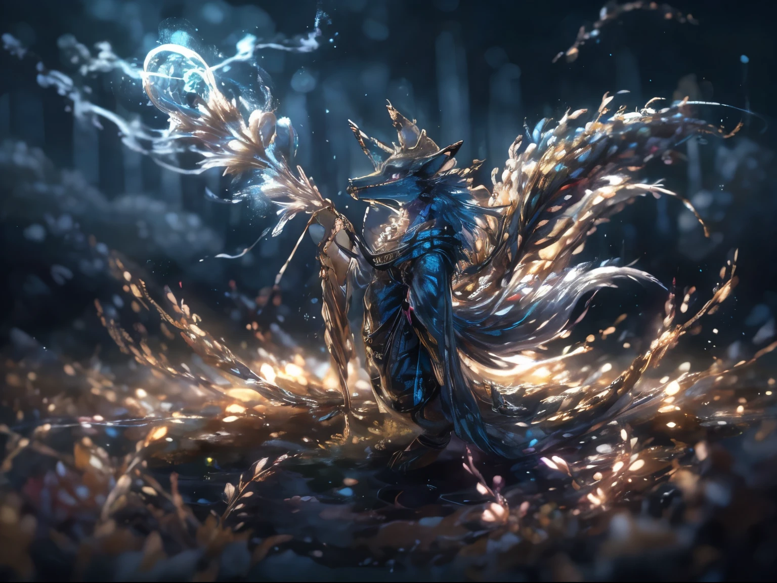 This captivating image showcases an evil and dark nine-tail fox spirit, portrayed as a sinister kitsune. The creature's menacing presence is enhanced by its ethereal and otherworldly appearance. Its nine tails, flowing with an eerie energy, twist and curl with an almost serpentine grace. Each tail is adorned with intricate patterns and symbols, adding to the mystique of the spirit.
BREAK
The kitsune's fur is a deep, rich black, emanating an aura of darkness and malevolence. Its piercing eyes, glowing with an unholy light, are filled with cunning and malice. The creature's form is sleek and agile, exuding an air of supernatural power and grace.
BREAK
The image is set against a backdrop of a moonlit forest, where shadows dance and flicker with an otherworldly intensity. Wisps of dark energy and ethereal smoke swirl around the fox spirit, further emphasizing its supernatural nature.
BREAK
The composition of the image is carefully crafted, with the kitsune positioned in a dynamic pose that captures the essence of its cunning and predatory nature. The use of contrast, with the vibrant glow of the eyes and the dark hues of the fur against the moonlit forest, creates a visually striking and captivating scene.
BREAK
Overall, this image depicts an evil and dark nine-tail fox spirit, a menacing kitsune that exudes power and malevolence. With its intricate details, captivating composition, and atmospheric setting, the image brings to life the allure and danger of this mythical creature.