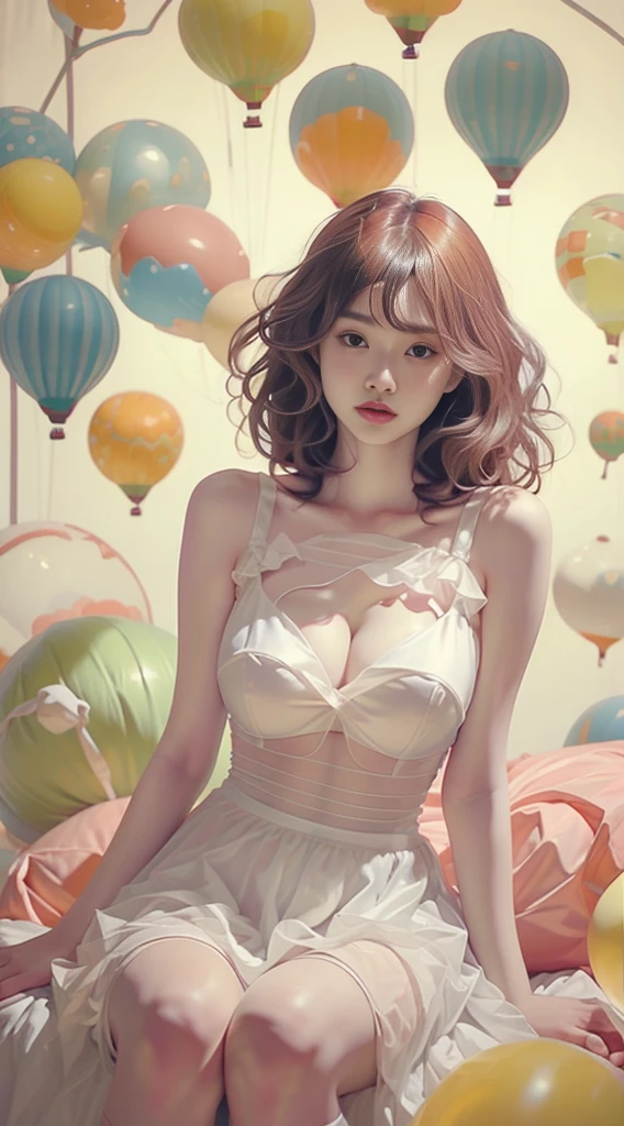 Muscular girl, long blonde head, devil figure, (huge and amazingly large breasts), (the action of stuffing two huge hot air balloons into clothes), (huge hot air balloon sized breastreasts as big as a hot air balloon), (waist exposed), (abs), (translucent dress), (areola can be seen through the bra), (tulle dress bra), smile, (highlighting the breasts are particularly huge), frontal photo,