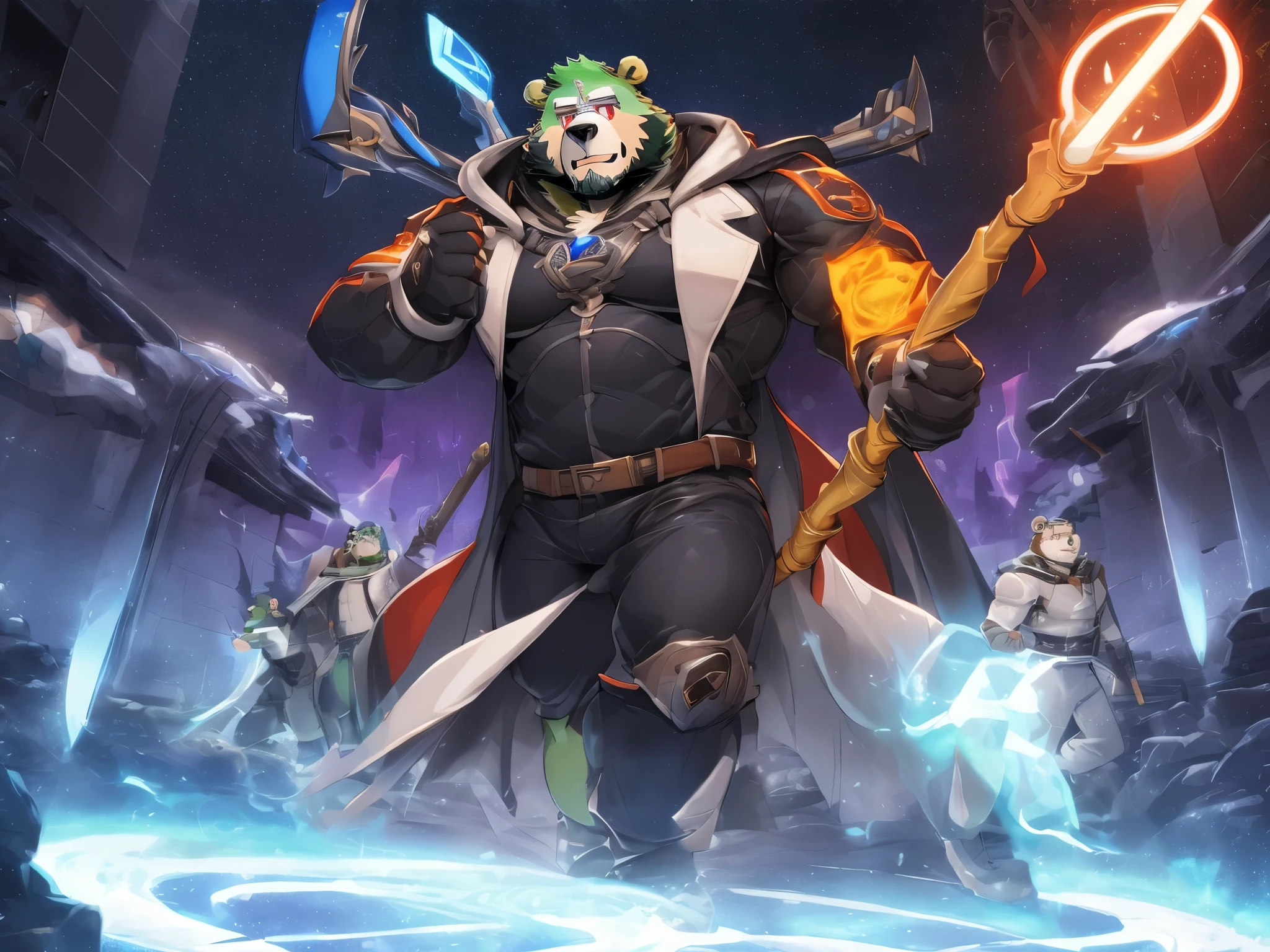 anthro ((bear)), furry, bear, green fur, green hair, ((beard)), male, white eyebrows, red eyes, masterpiece, ((Best quality)), handsome, middle-aged, mature, muscle body, sexy, dilf, full body, (((jinpei))), (long white coat), (black protective inner suit), (gray pants), (military shoes), (weilding magic staff), (scifi), battle with evil organization solidiers, secret laboratory scenery, more than 10 people,