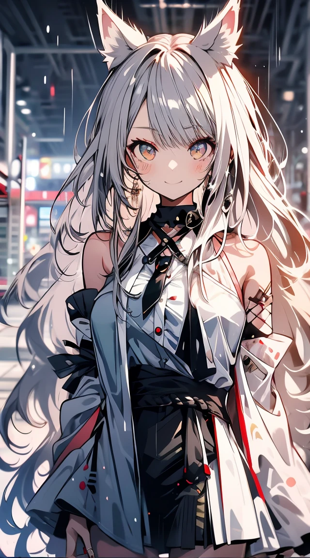 ,long hair like rapunzel,1 woman,fox ear girl,Urban landscape,It's raining a lot,Attractive physique,Embarrassed face,Well-formed face,Bare leggedにする,Bare legged,a smile,,top-quality,Masterpiece,Beautiful silver hair and black mesh,雨で全身Wet,Wet,Cute clothes that are wet and see-through,