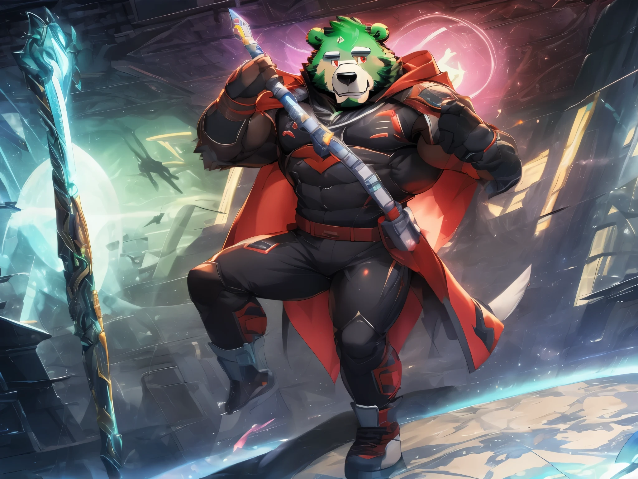 anthro ((bear)), furry, bear, green fur, green hair, ((beard)), male, white eyebrows, red eyes, masterpiece, ((Best quality)), handsome, middle-aged, mature, muscle body, sexy, dilf, full body, (((jinpei))), (long white coat), (black protective inner suit), (gray pants), (military shoes), (weilding magic staff), (scifi), battle with evil organization solidiers, secret laboratory scenery, more than 10 people,