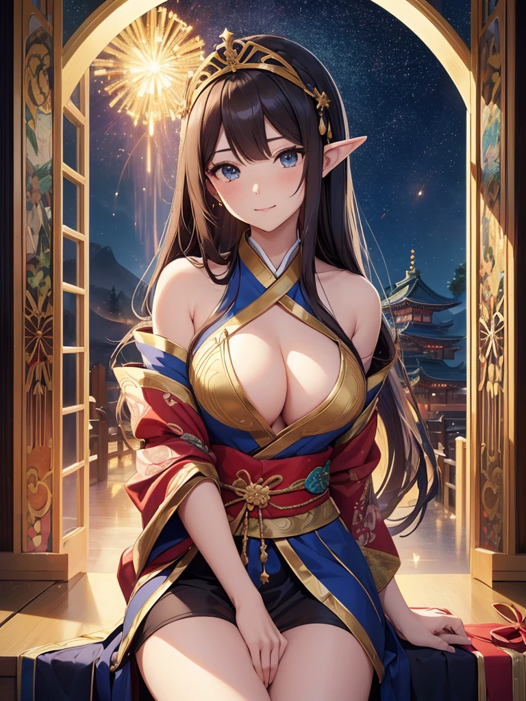 top-quality、Top image quality、​dagashi terpiece、Super beautiful elf beauty((24 year old、Japan kimono、Best Bust、big bast、Bust 90,beautiful blue long ironed hair、Brown hair、、A A sexyは、A slender、a closeup、Esbian、beautiful tiara、hiquality、Beautiful Art、Background with((starrysky)))But but ute piece、visualart、depth of fields、low angle night sky、、Elven ears、、light magic、Space Knight、harp melody🎵、Happy smile、Gentle light、、Beautiful legs that are gentle on the skin、、、Number of fingers to achieve precise finger movements、ティッカーBeautiful decoration、elegent、Mystical　　field under the flower garden、Marble pillars, beautiful dressy、Snowy landscape in winter、、Temple of Time、Great watch、hour glass、sundial、NSFW.A sexy、Christ but、Christ butツリー、Beautiful decoration,A sexyドレス1.3,byzantine art、Renaissance painting、Raphael paintings、japanese art on behance、Lin Pai、Tawaraya Sotatsu painting、Japanese folding screen、gold foil、dragon、New Year、happy new year⛩、sunrises、the moment of morning、shrines