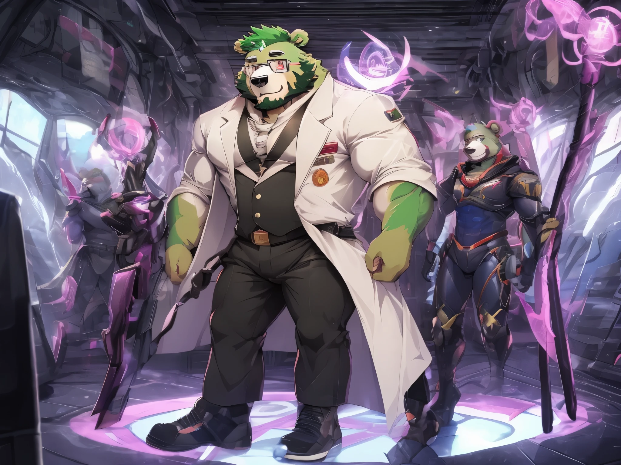 anthro ((bear)), furry, bear, green fur, green hair, ((beard)), male, white eyebrows, red eyes, masterpiece, ((Best quality)), handsome, middle-aged, mature, muscle body, sexy, dilf, full body, (((jinpei))), (long white coat), (black protective inner suit), (gray pants), (military shoes), (weilding magic staff), (scifi), battle with evil organization solidiers, secret laboratory scenery, more than 10 people,