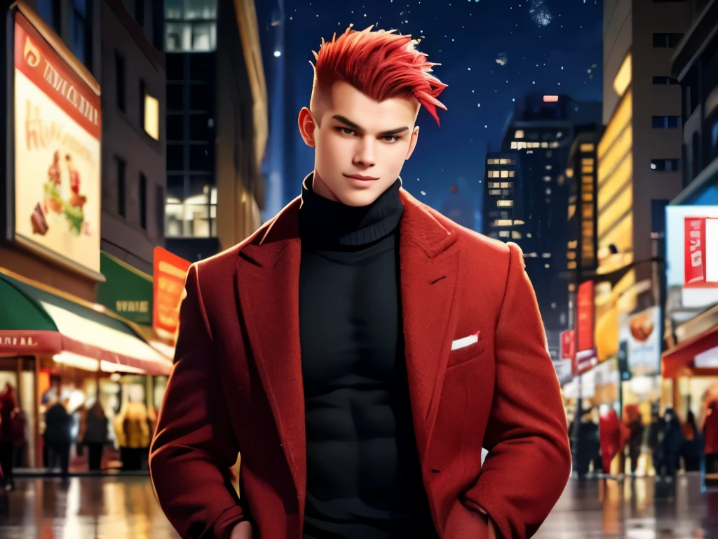 (top-quality:1.1), (masterpiece:1.1), Soft Mohawk, (macho:1.2), (Huge body:1.1), red hairs, Sweaters, coat, , Monkey face, A smile, Christmas Night City, (japanes:1.1), (18year old:1.2), is standing