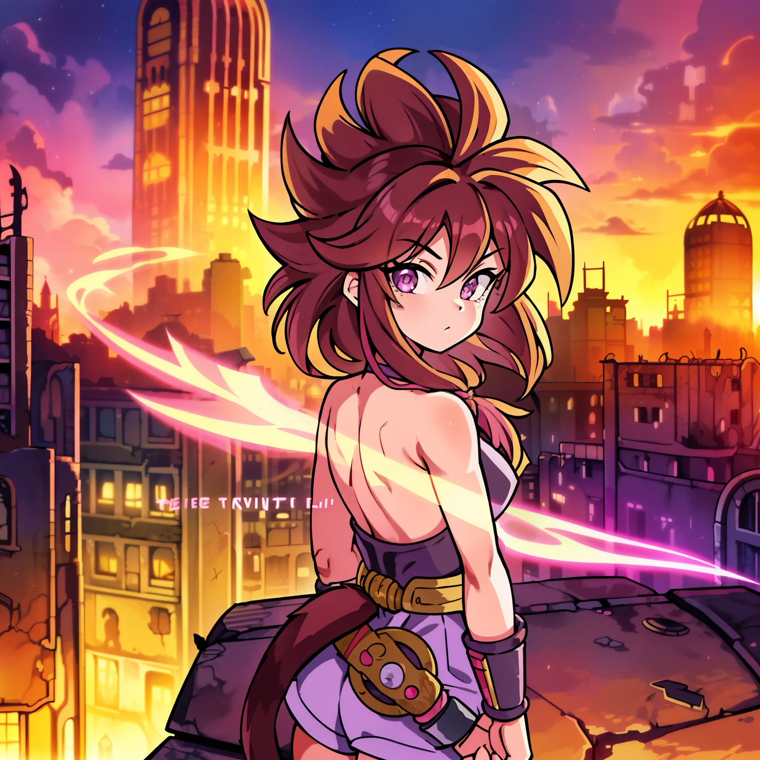 (masterpiece, best quality, detailed face, silver colored eyes, 1girl, Saiyaness, 1girl, Saiyan monkey tail, glowing pink hair, long wild spiky hair, Shoulder less Gi, brown sash belt, very dark brown short tights, very dark brown wrist bands, Saiyan boots, (side view), Saiyaness, a cartoon character with pink hair, lashing pink Saiyan monkey tail, Saiyaness with a monkey tail, hair tied, long wild spiky hair, hair over shoulders, mane of hair down back, super saiyan rose aura surrounding her, (((background: city ruins, wasteland)))