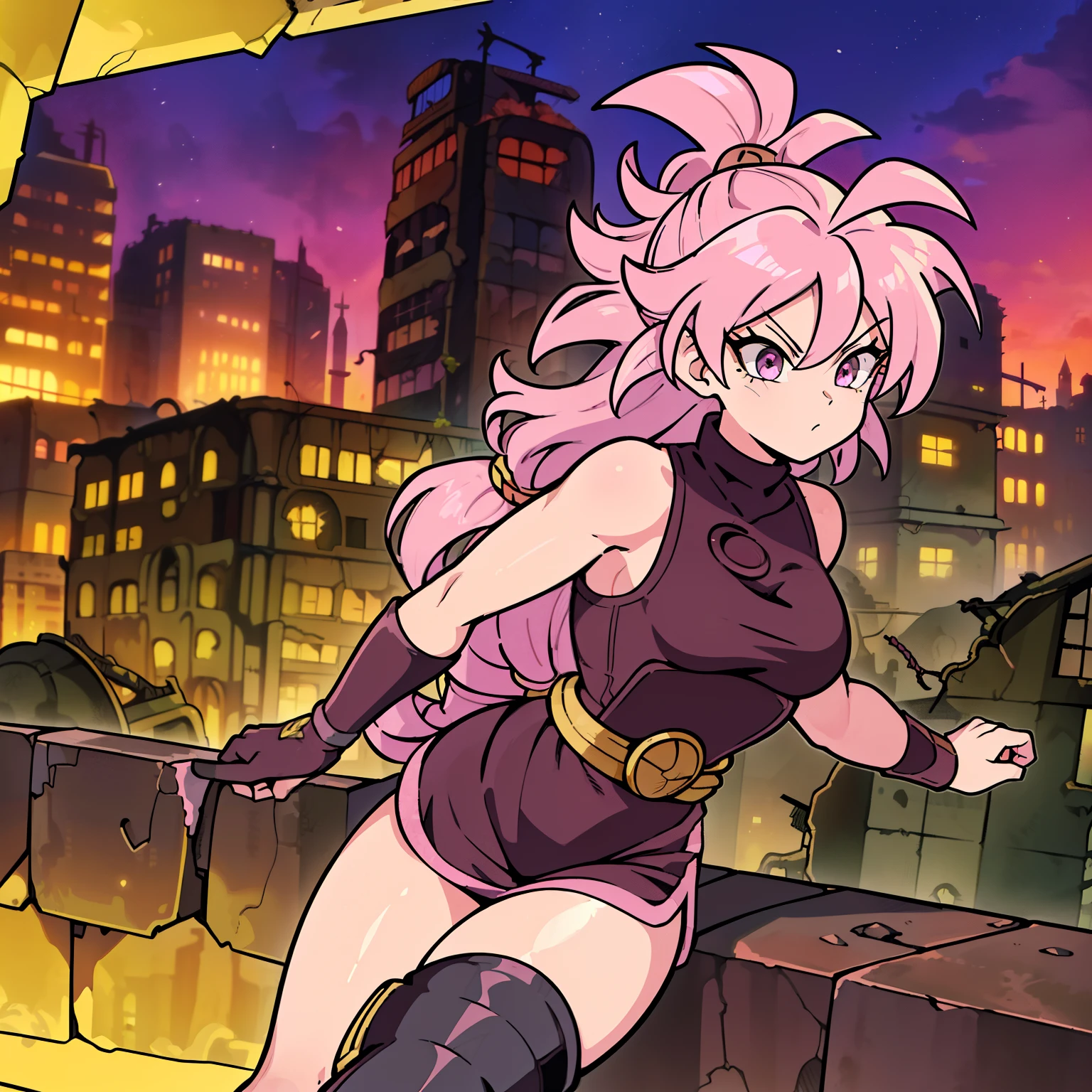 (masterpiece, best quality, detailed face, silver colored eyes, 1girl, Saiyaness, 1girl, Saiyan monkey tail, glowing pink hair, long wild spiky hair, Shoulder less Gi, brown sash belt, very dark brown short tights, very dark brown wrist bands, Saiyan boots, (side view), Saiyaness, a cartoon character with pink hair, lashing pink Saiyan monkey tail, Saiyaness with a monkey tail, hair tied, long wild spiky hair, hair over shoulders, mane of hair down back, super saiyan rose aura surrounding her, (((background: city ruins, wasteland)))