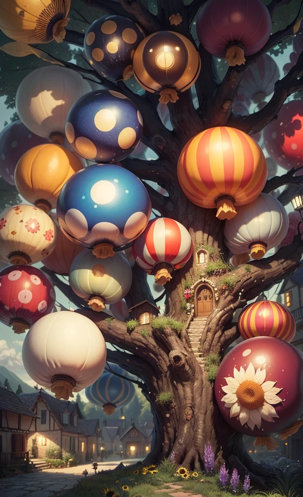 Light up the colorful mushroom forest,world in a bottle,A fairyland-like hideaway,Colorful mushroom house,a fairy world,夏天,Seafront,Rios,tree house,sunflower fields,lavender,mountain ranges,mountain peak tree,a small medieval village, Italy, are present, medieval town, medieval village, FantasyItaly, quaint village, Italy杰作, medieval coastal village, medieval town landscape、Cobblestone road、View from the street、Behold