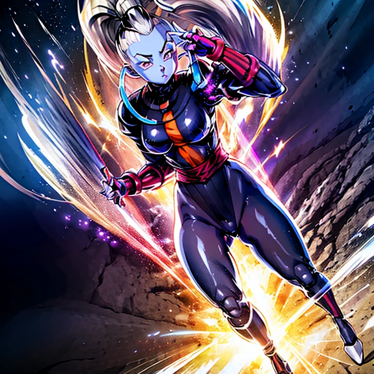 ultra-detailed, Explicit, Beautiful body, Beautiful Nose, Beautiful character design, perfect eyes, perfect face, ultra highres, 4K, beautiful legs, perfect legs, Nice hands, Perfect hand, Masterpiece, Best Quality, Highly detailed, illustration, absurdres, street fighter, doll suit, shadaloo doll, dollsuit, expressionless, blank eyes, looking at viewer, red gloves, emotionless, black latex, corrution, mind control, female combatant, full body, hypnotized, unhappy trance, full body suit, ribbed bodysuit, both arms at side, obey, perfect female body, extremely glossy latex, hypnosis, hypnoLora, empty eyes, Mind control device, poses, submissive_pose, Slave, hat, necktie, stand up straight, standing, standing at attention, hat, necktie, belt, latex, ribbed bodysuit, thighhighs, garter belt, Fighting Stance, extending the right arm from the shoulder into the air with a straightened hand, nazi saluting, military, military saluting, salute, thigh boots, 1girl, Vados, Dragon Ball Super, a ring around her neck, blue skin, colored skin, long hair, ponytail, purple eyes, White_Hair,