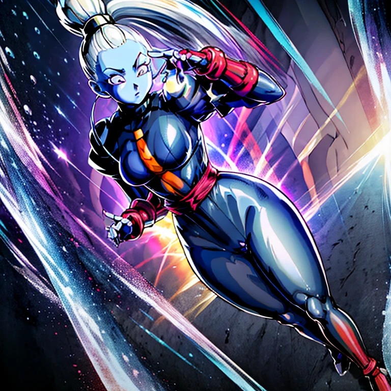 ultra-detailed, Explicit, Beautiful body, Beautiful Nose, Beautiful character design, perfect eyes, perfect face, ultra highres, 4K, beautiful legs, perfect legs, Nice hands, Perfect hand, Masterpiece, Best Quality, Highly detailed, illustration, absurdres, street fighter, doll suit, shadaloo doll, dollsuit, expressionless, blank eyes, looking at viewer, red gloves, emotionless, black latex, corrution, mind control, female combatant, full body, hypnotized, unhappy trance, full body suit, ribbed bodysuit, both arms at side, obey, perfect female body, extremely glossy latex, hypnosis, hypnoLora, empty eyes, Mind control device, poses, submissive_pose, Slave, hat, necktie, stand up straight, standing, standing at attention, hat, necktie, belt, latex, ribbed bodysuit, thighhighs, garter belt, Fighting Stance, extending the right arm from the shoulder into the air with a straightened hand, nazi saluting, military, military saluting, salute, thigh boots, 1girl, Vados, Dragon Ball Super, a ring around her neck, blue skin, colored skin, long hair, ponytail, purple eyes, White_Hair,