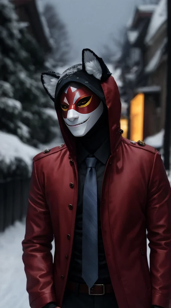 There was a man in a shirt, Tie and mask standing in the snow, Villain wearing red ghost mask, kitsune mask on head, with kitsune mask, wearing a kitsune mask, kitsune mask, Wojtekfors, profile picture 1024px, portrait shooting, Movie 4K wallpaper, Movie 4K wallpaper, Red and movie lighting