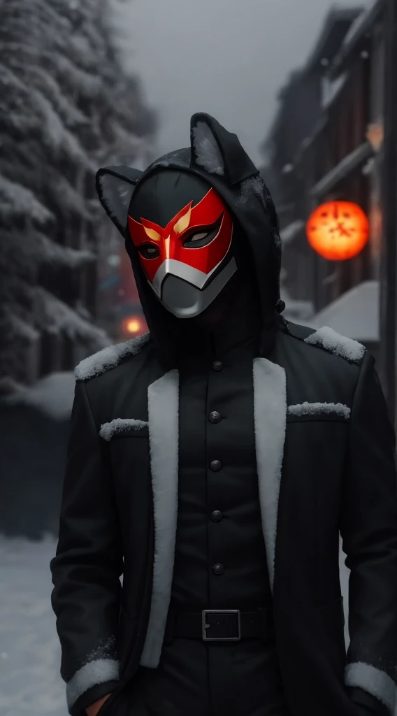There was a man in a shirt, Tie and mask standing in the snow, Villain wearing red ghost mask, kitsune mask on head, with kitsune mask, wearing a kitsune mask, kitsune mask, Wojtekfors, profile picture 1024px, portrait shooting, Movie 4K wallpaper, Movie 4K wallpaper, Red and movie lighting