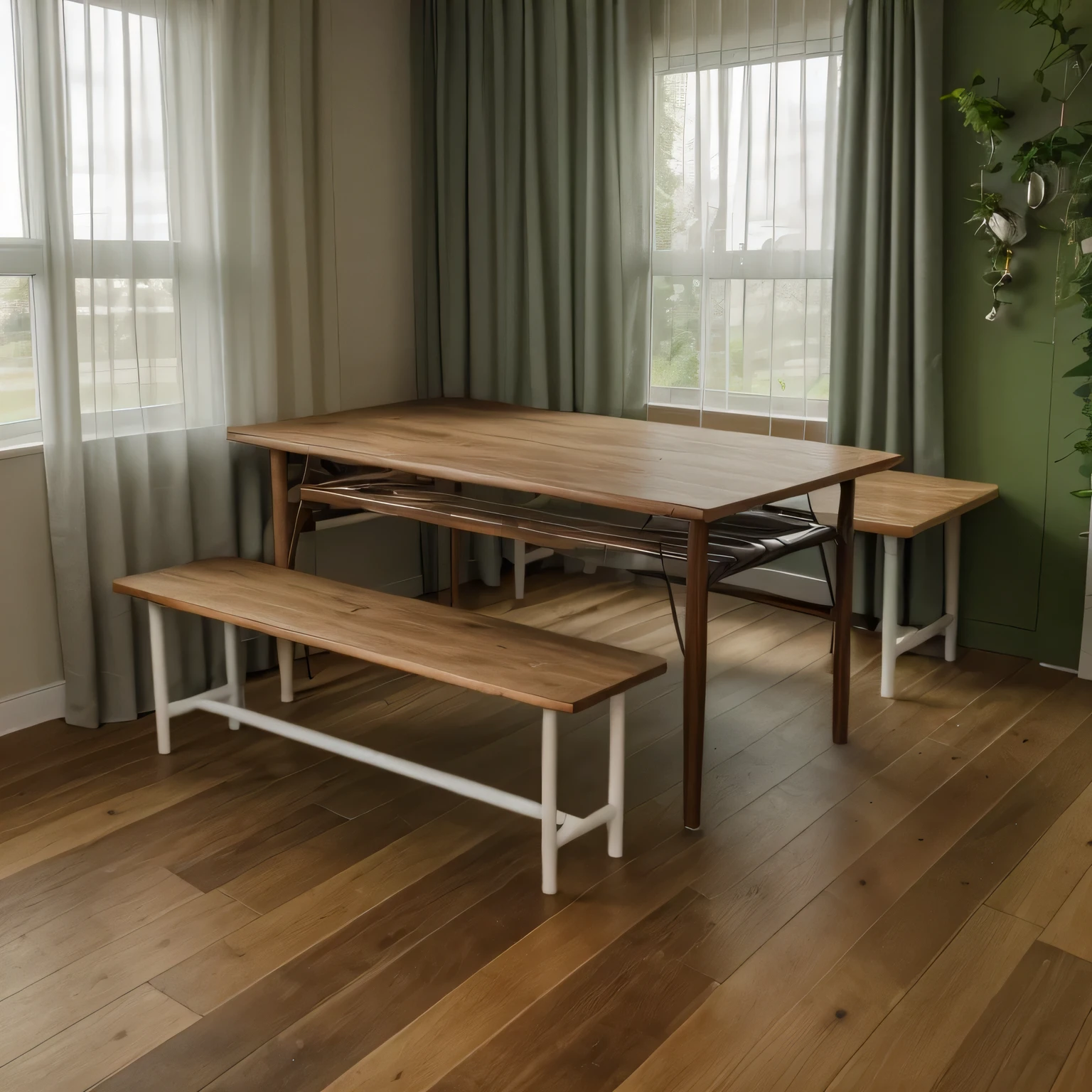 Dining tables and chairs in the restaurant,There are curtains on the left,Below is the wooden floor,There is greenery on the right,There are fruit foods on the table