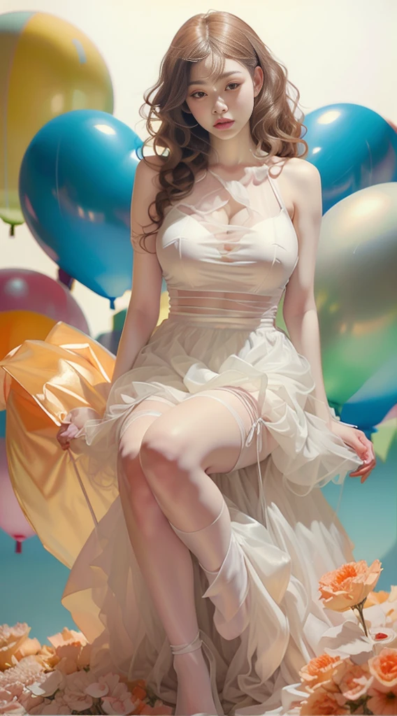 Muscular girl, long blonde head, devil figure, (huge and amazingly large breasts), (the action of stuffing two huge hot air balloons into clothes), (huge hot air balloon sized breastreasts as big as a hot air balloon), (waist exposed), (abs), (translucent dress), (areola can be seen through the bra), (tulle dress bra), smile, (highlighting the breasts are particularly huge), frontal photo,