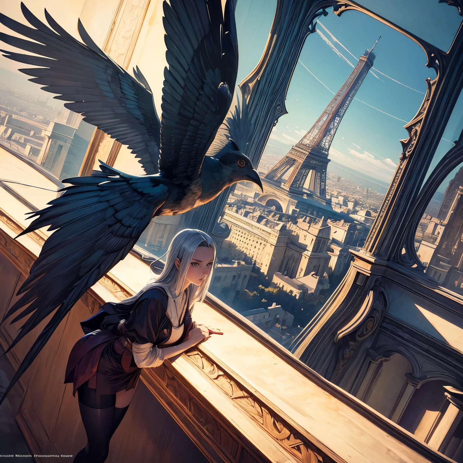 Giovanni Paolo Panini, Dave McKean, Surreal, mysterious, strange, fantastical, fantasy, Sci-fi, Japanese anime, miniskirt beautiful high school girl with flying mechanics, perfect voluminous body, blue sky, floating, bird's eye view, Eiffel Tower, Jeep, detailed wide angles masterpiece sharp focus bird’s eye views sexy erotic provocative