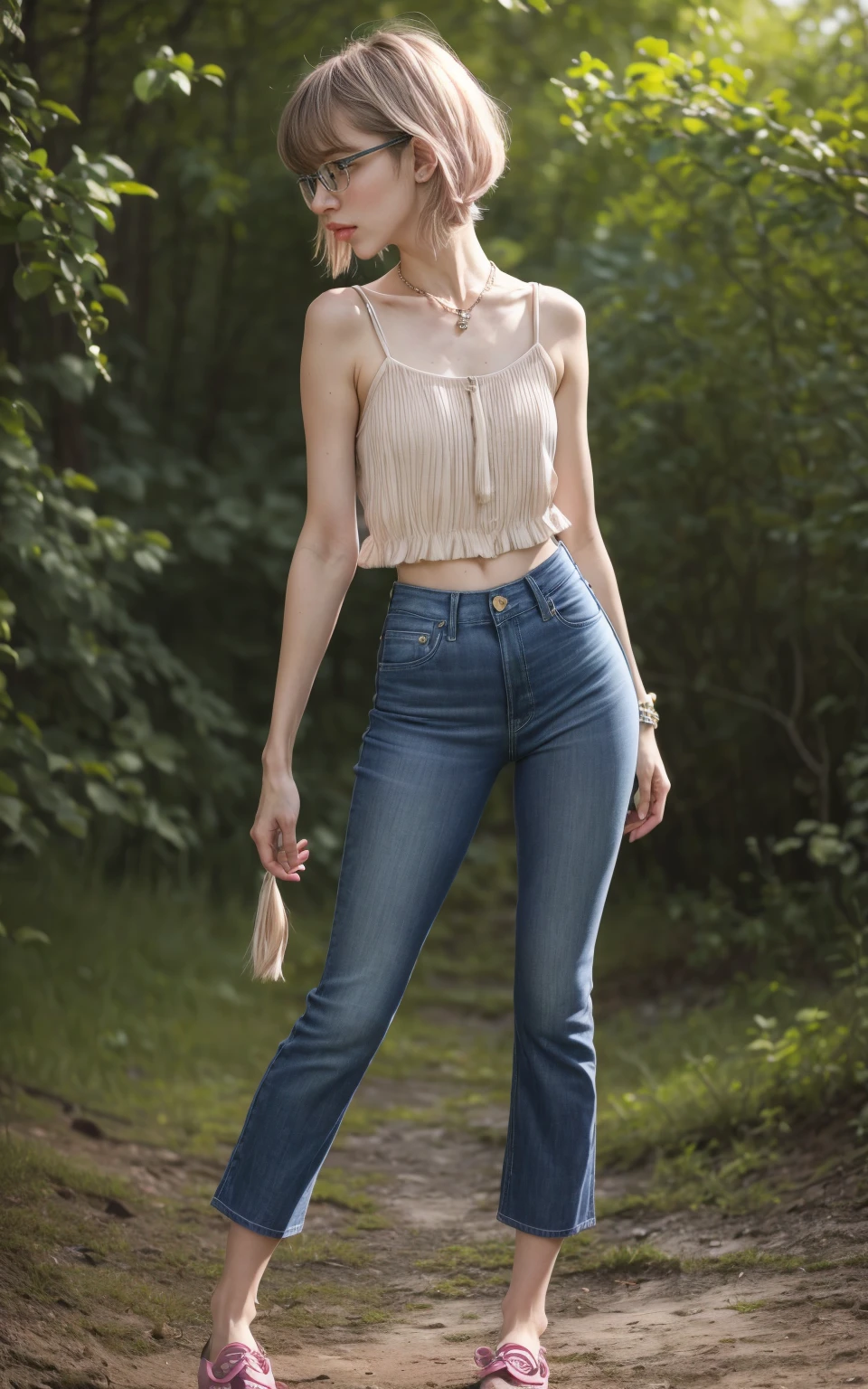 (8K, Masterpiece, RAW photo, Best quality, detail:1.3), (ultra realistic Natural background, scenary:1.5), Depth of field, Cinematic light, (ultra realistic face), (1 picture of 1 solo girl Airim Jones:1.6), 1girl, (Beautiful and elegant Russian girl), (skinny girl with glasses), (European face:1.3), (perfect complete full body:1.6), (full body shot including shoes:1.6), (perfect [frontal view|side profile|back profile]:1.5), (small necklace, collarbone:1.1), ( [bangs|pigtails|bob|pixie] hair:1.5), (ultra detailed skin:1.4), (sexy [white|pink] minitop:1.4), (Cropped Blue Jeans:1.6), (perfect standing pose:1.5), (perfect long legs:1.4)
