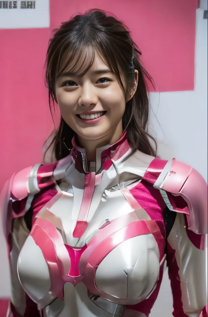 pink power range lemele、Realistic, shiny dark pink and white suit、Power Rangers Bodysuit、professional photograpy、Does not expose the skin, Japanese Models,The skin is not exposed、fleshy body, A smile、Colossal tits、A dark-haired