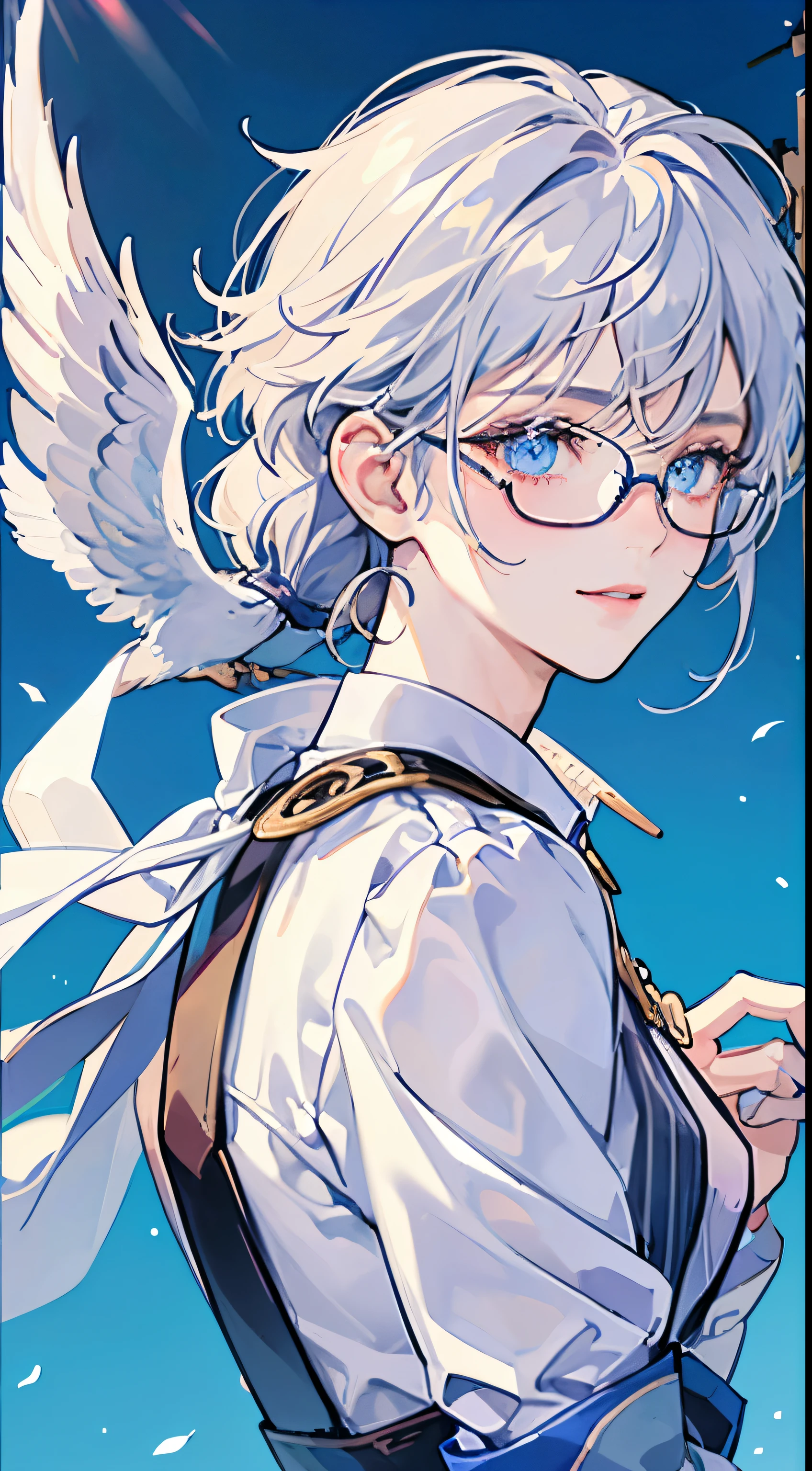 tmasterpiece, Best quality, 1人, Joey Joey, Muscular, Shirtless, Alone, malefocus, White hair, Short hair details, hair between eye, eBlue eyes, upper part of body, colored eyelashes, sun glasses, ssmile, looking at viewert, Alone, Floating sea (tmasterpiece:1,2), Best quality, tmasterpiece, A high resolution, Original, very detailed wallpaper, perfect litthing,(extremely detremely detailed CG:1.2),