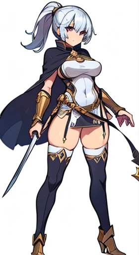 (((Best Quality))) , ((full body)), female, reference sheet, solo, (white background), holding staff or sword, gauntlets, thigh high, loin cloth only, capelet, armor,