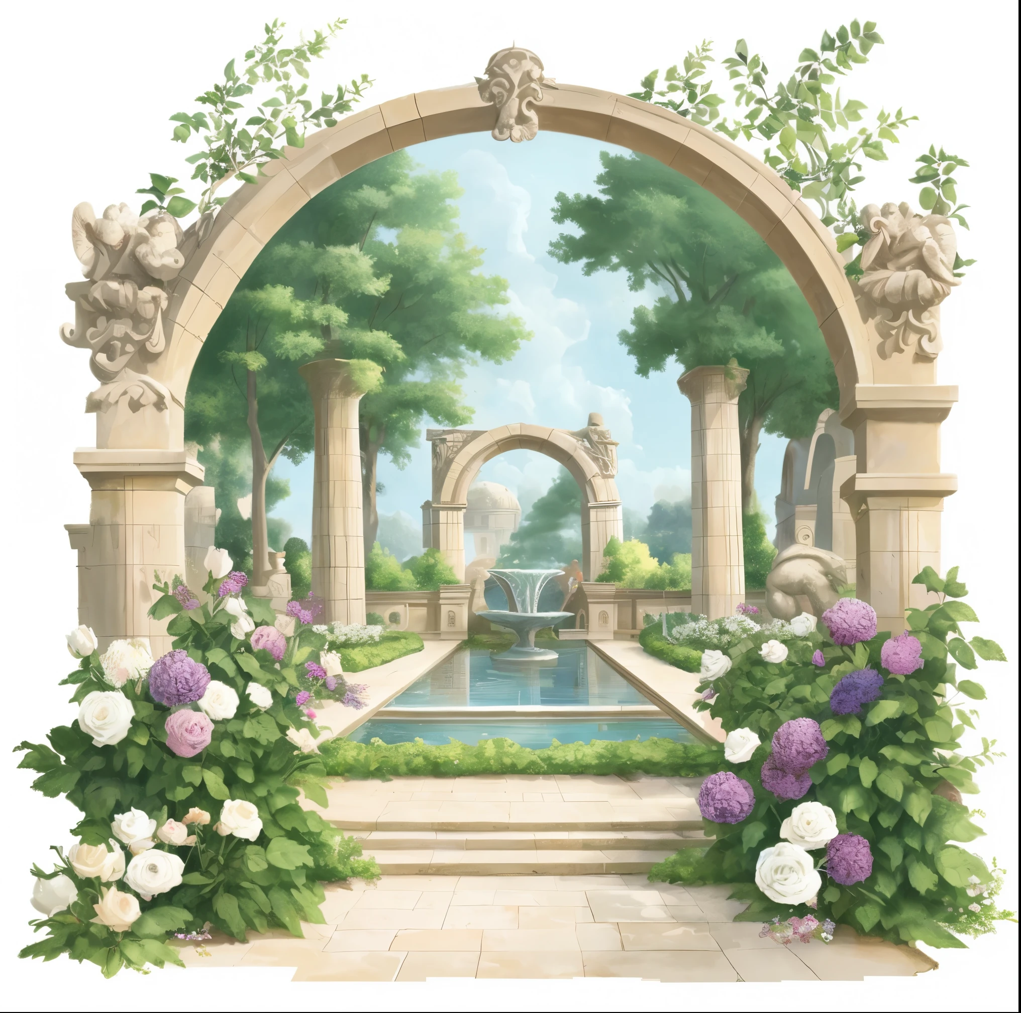 There is a garden,There are fountains and flowers, Portal made of white roses, romantic art style,landscape artwork, A beautiful artistic illustration, Fountains and arches, royal garden background, White rose garden, , beautiful artist rendering, 4K, high qulity, tmasterpiece,
