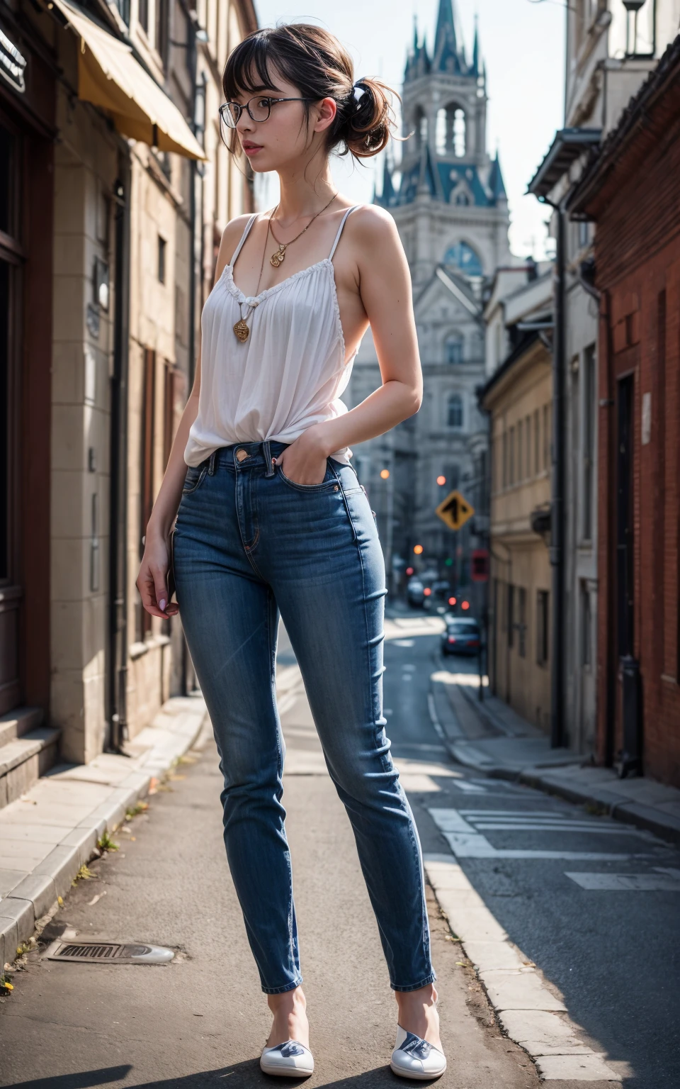(8K, Masterpiece, RAW photo, Best quality, detail:1.3), (ultra realistic Natural background, scenary:1.5), Depth of field, Cinematic light, (ultra realistic face), (1 picture of 1 solo girl Airim Jones:1.6), 1girl, (Beautiful and elegant Russian girl), (skinny girl with glasses), (European face:1.3), (perfect complete full body:1.6), (full body shot including shoes:1.6), (perfect [frontal view|side profile|back profile]:1.5), (small necklace, collarbone:1.1), ( [bangs|pigtails|bob|pixie] hair:1.5), (ultra detailed skin:1.4), (sexy [white|pink] minitop:1.4), (Contrast Stitch Blue Jeans:1.6), (perfect standing pose:1.5), (perfect long legs:1.4)