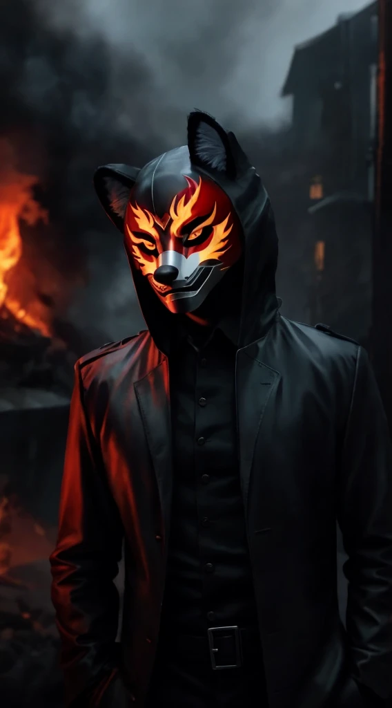 There&#39;s a man in a shirt, tie and mask standing in a hell of fire.,The whole body is surrounded by flame special effects， Villain wearing red ghost mask, Fox mask on head, with Fox mask, wearing a Fox mask, Fox mask, Wojtechfors, profile picture 1024px, Portrait shooting, movie 4k wallpaper, movie 4k wallpaper, Red and movie lighting