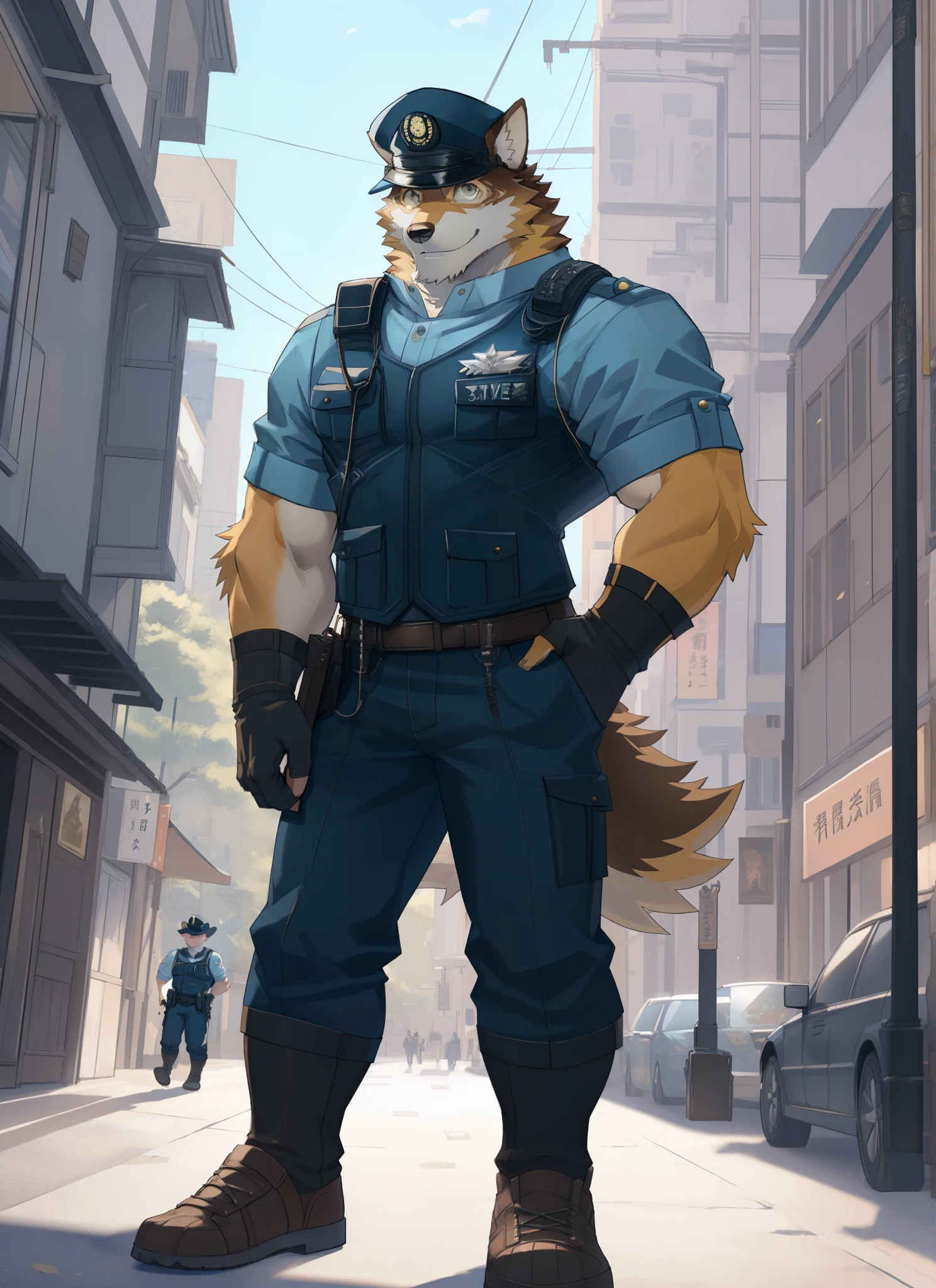 barrel(live a hero), (soft shading), 4k, hi res, ((detailed face, detailed eyes, detailed)), (full body), by zackarry911, by zaush, (by personalami:0.5), mature male, bara, muscular male, muscular, (pose), tokyo \(city\), street,solo, looking at viewer, smile, shirt, gloves, 1boy, hat, weapon, male focus, cowboy shot, black gloves, pants, fingerless gloves, uniform, feet out of frame, bulge, blue pants, police, police uniform, (police hat), (tail), wolf tail, police station