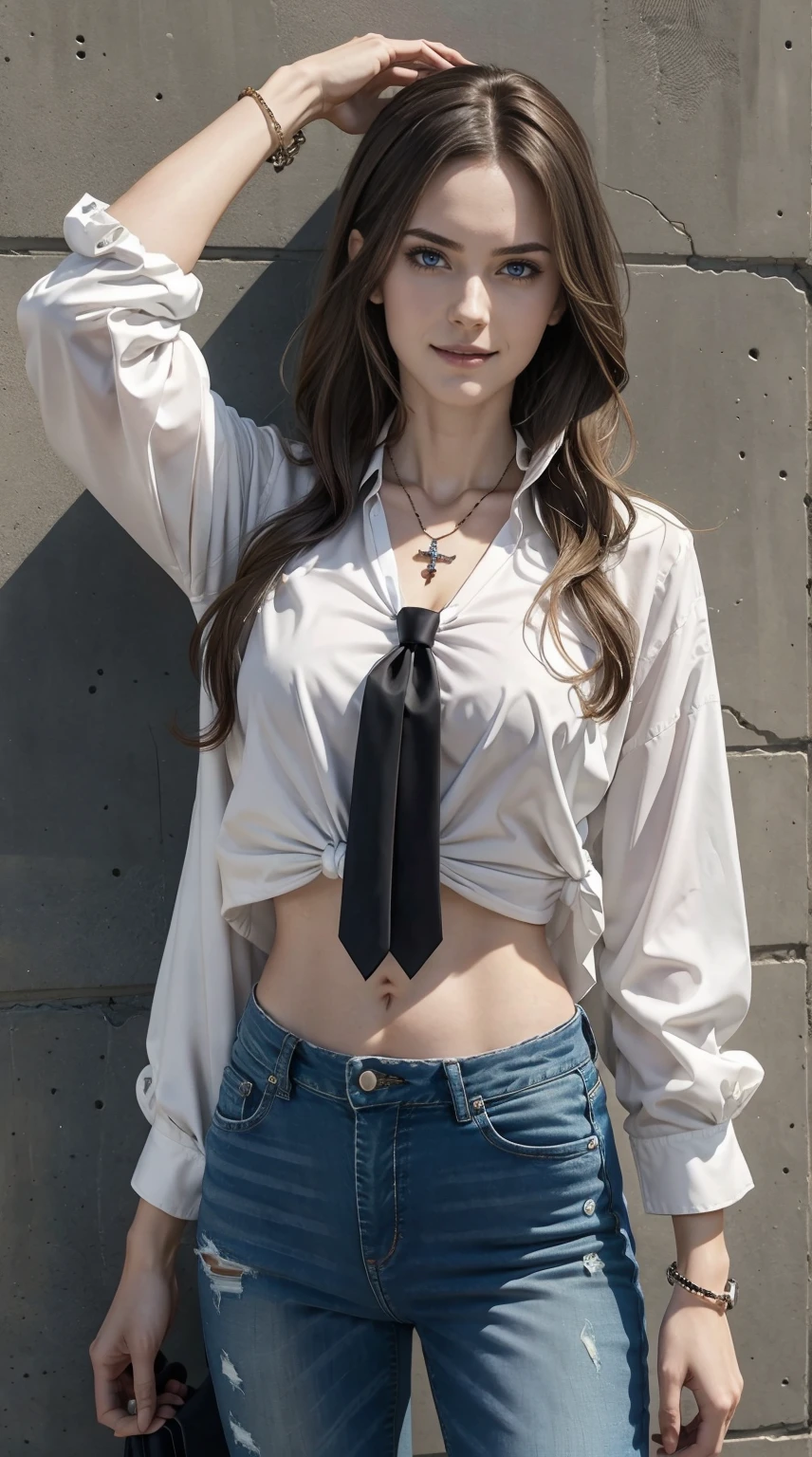 26 year old white woman、Hair is brunette、Eye color is blue、Longhaire、Slender but well-proportioned muscular body、Wearing tie front shirt tops、My abs are cracked、The belly button is out、wearing skinny jeans、wearing a rosary necklace、accessories on the wrist、setting hair、a smile、I have a clutch bag、I am in front of a wall with wall art written on it.、I'm so excited、I'm pulling my hair up