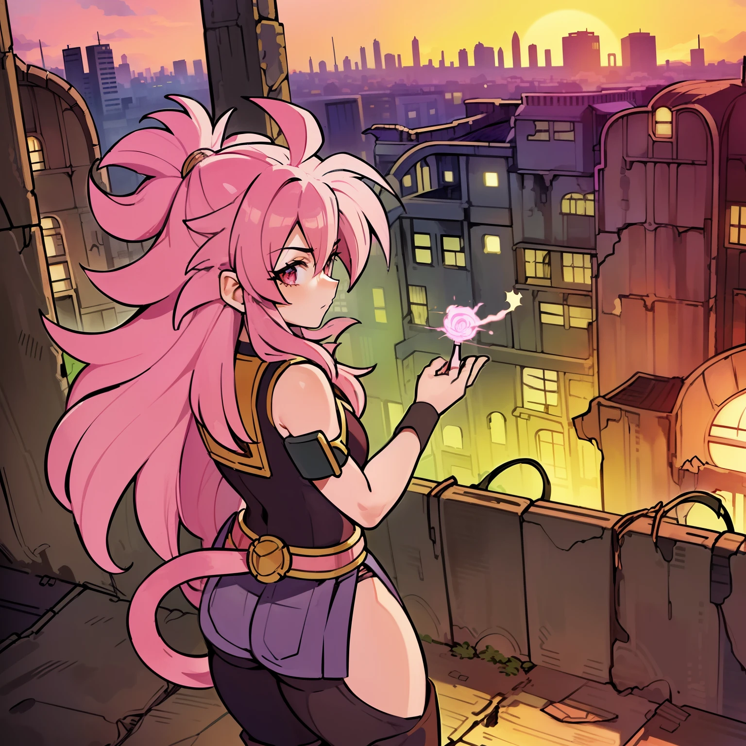 (masterpiece, best quality, detailed face, silver colored eyes, 1girl, Saiyaness, 1girl, Saiyan monkey tail, glowing pink hair, long wild spiky hair, Shoulder less Gi, brown sash belt, very dark brown short tights, very dark brown wrist bands, Saiyan boots, (side view), Saiyaness, a cartoon character with pink hair, lashing pink Saiyan monkey tail, Saiyaness with a monkey tail, hair tied, long wild spiky hair, hair over shoulders, mane of hair down back, super saiyan rose aura surrounding her, (((background: city ruins, wasteland)))