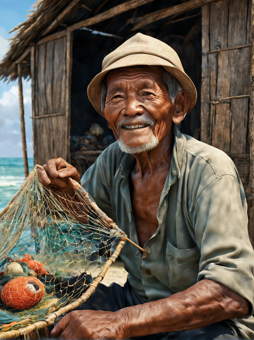 A cinematic surrealism picture of the bitter smile of an elderly Indonesian fisherman with detailed wrinkles on his face embroidering a sea fishing net patch at his hut near the shore, insanely detailed and intricate background tranquil beach scene with some other characters and objects, a masterpiece cinematic photo realistic illustration of color comic maestro Don Lawrence, super detailed, high resolution, full vibrant color, volumetric lighting, octane render, octane lighting