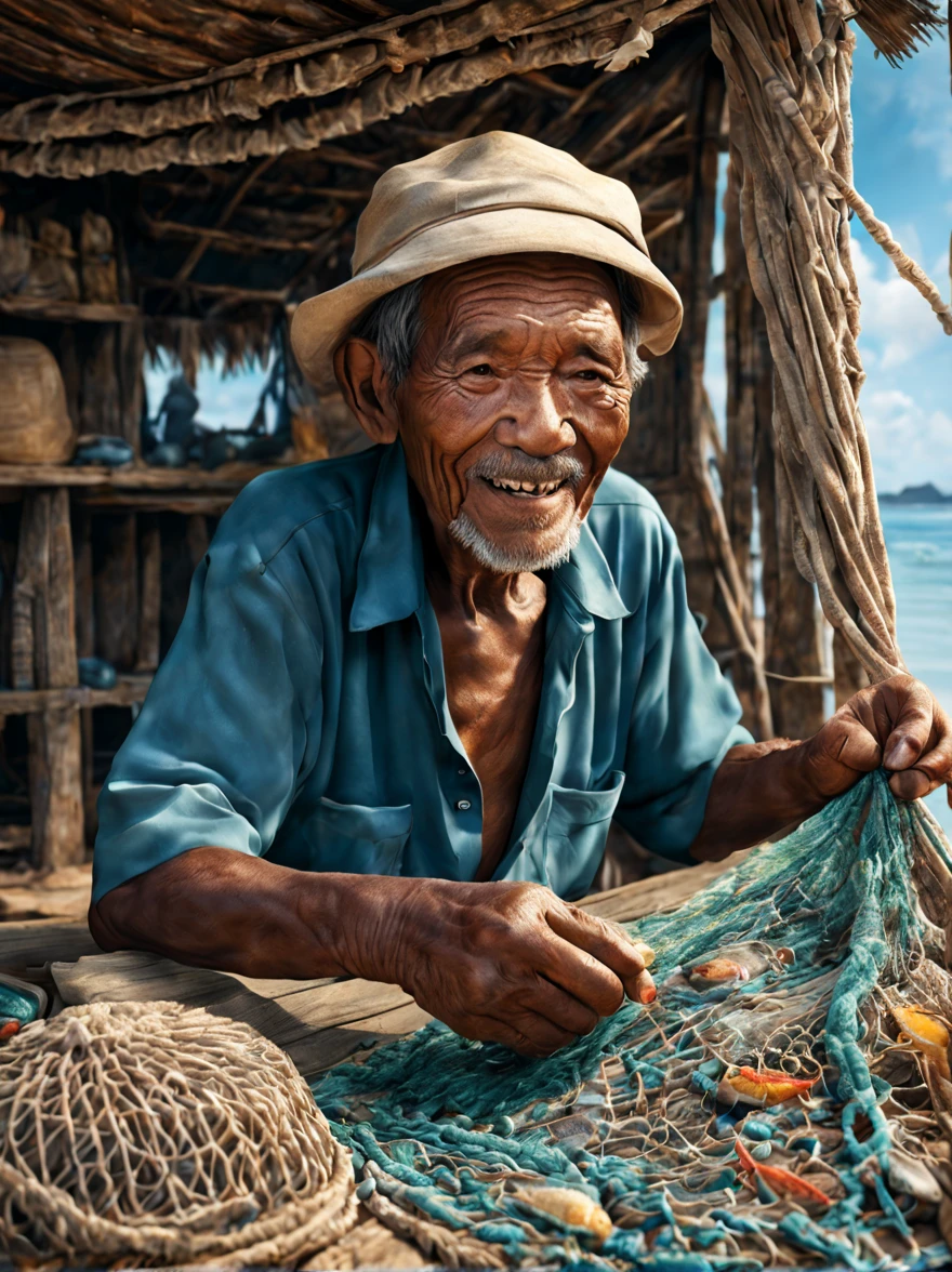 A cinematic surrealism picture of the bitter smile of an elderly Indonesian fisherman with detailed wrinkles on his face embroidering a sea fishing net patch at his  hut near the shore, insanely detailed and intricate background tranquil beach scene with some other characters and objects, a masterpiece cinematic photo realistic illustration of color comic maestro Don Lawrence, super detailed, high resolution, full vibrant color, volumetric lighting, octane render, octane lighting